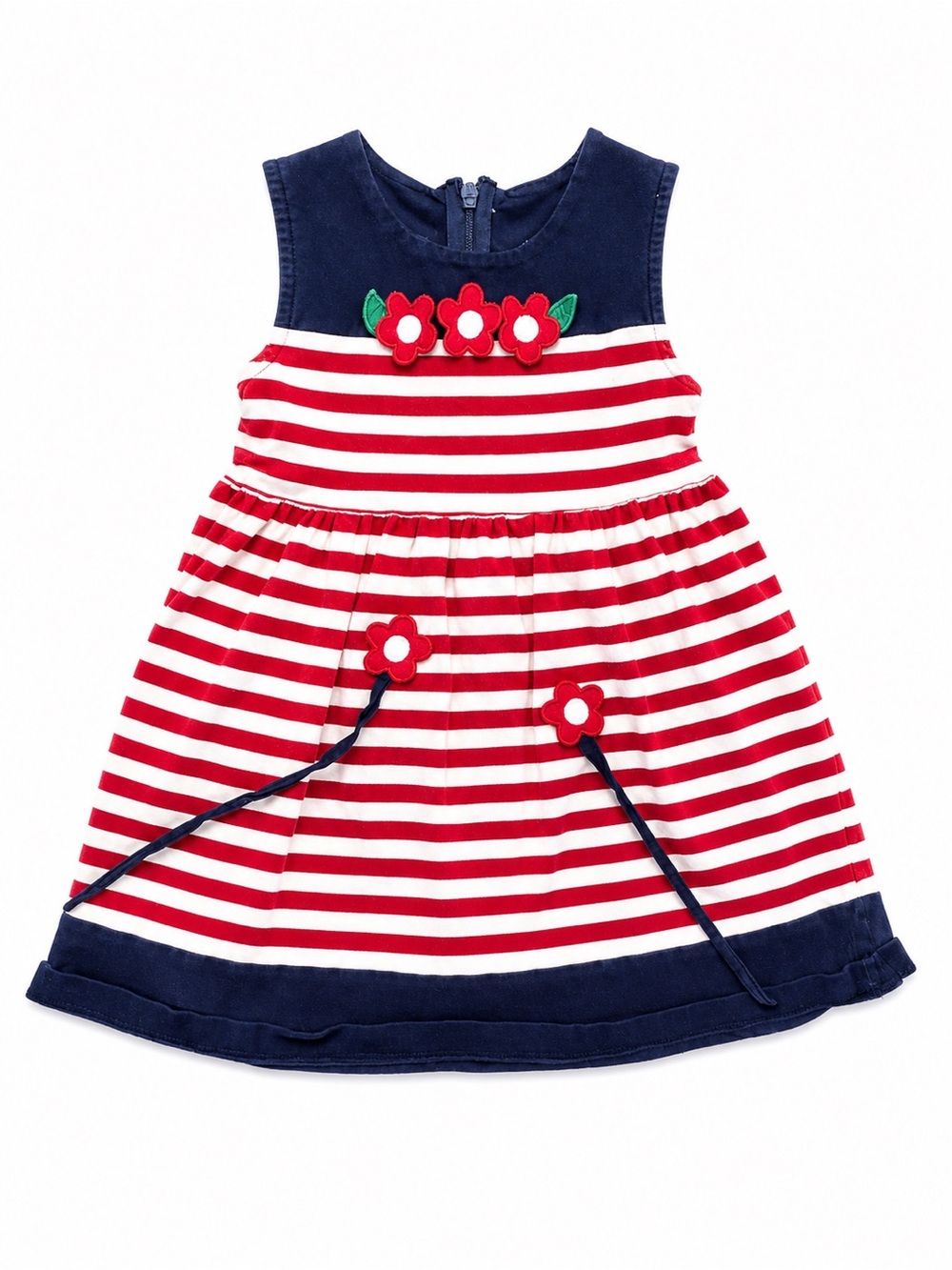 Florence Eiseman Navy, Red & White Striped Floral Appliqué Dress